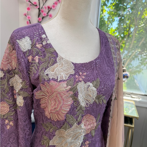 Purple Floral Embroidered Dress with Peach Dupatta - Picture 2 of 6